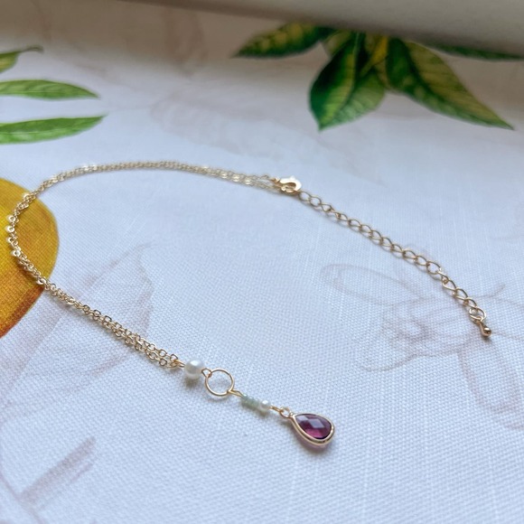 Garnet Wine Red Mint Freshwater Pearl Casual Tassel O Ring Minimalist Necklace - Picture 2 of 5